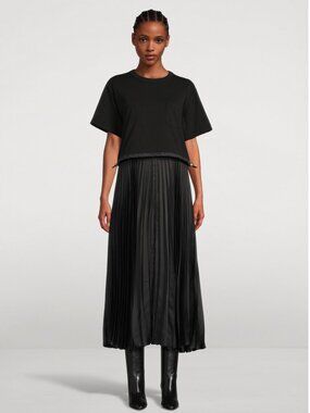 SACAI Satin Pleated T-Shirt Dress Black Women 4 Crewneck Short Sleeve Japan Midi